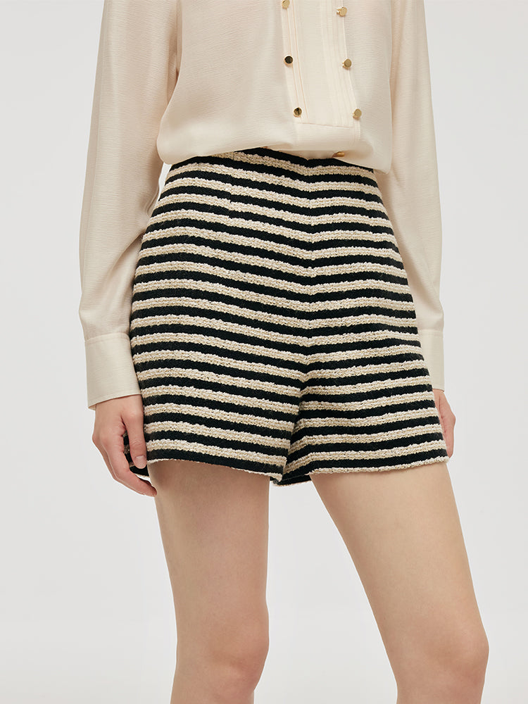 Black And White Stripe Tweed Women Shorts GOELIA