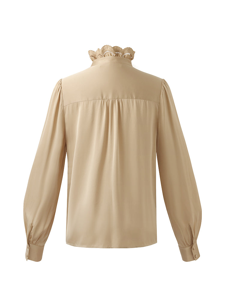 19 Momme Mulberry Silk Ruffle Stand Collared Women Shirt GOELIA