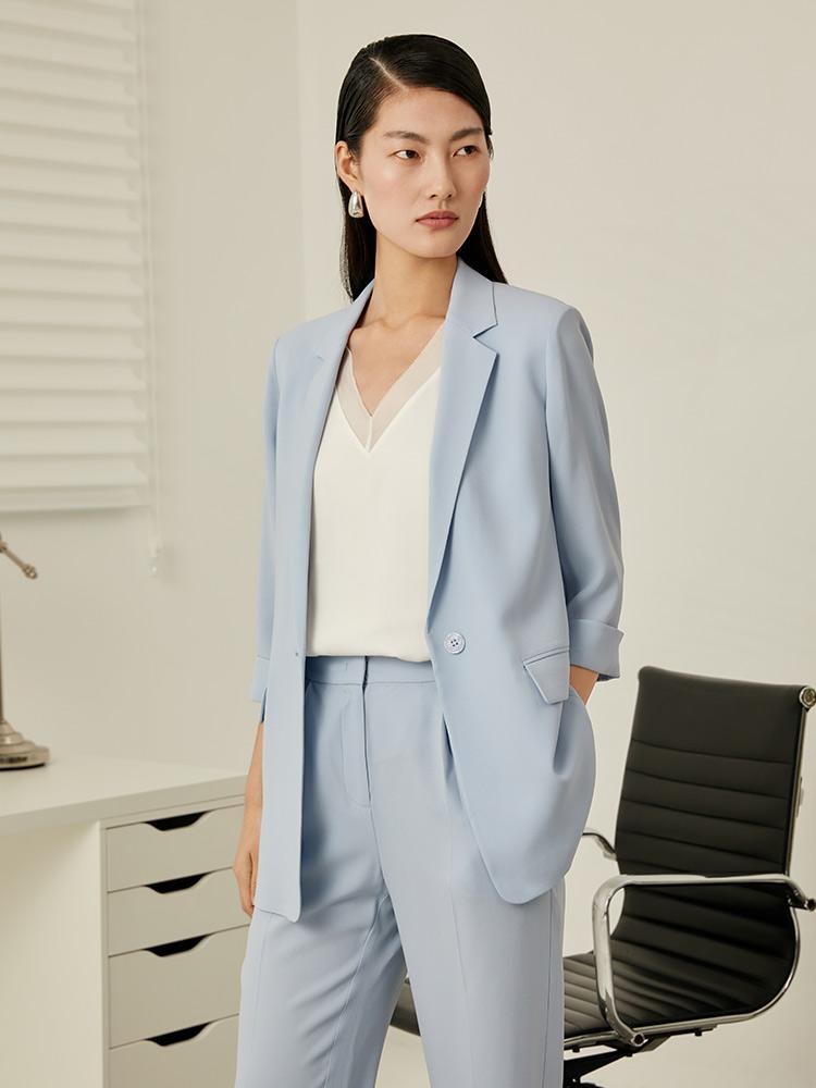 Blue Acetate One Button 3/4 Sleeve Blazer GOELIA