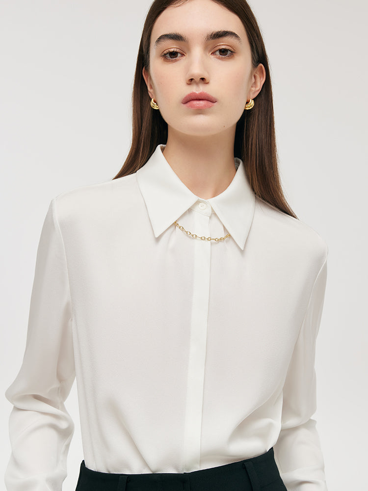 Acetate White Lapel Women Shirt With Detachable Chain GOELIA