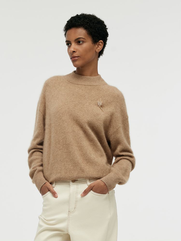 Cashmere Mock Neck Women Sweater With Wheat Ear Brooch GOELIA