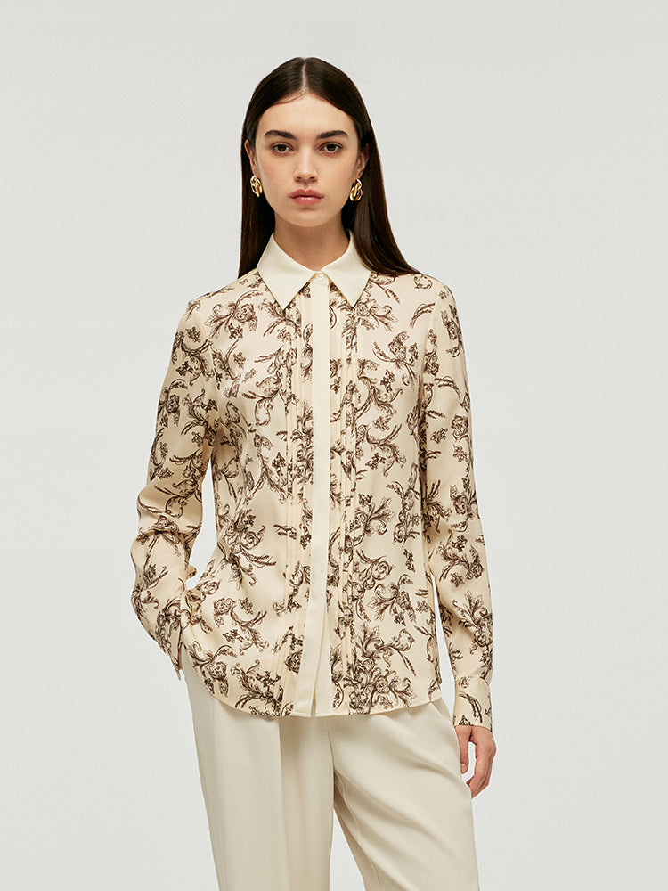 19 Momme Mulberry Silk Floral Printed Lapel Women Shirt GOELIA