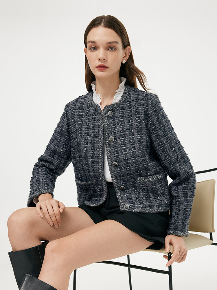 Wool Blend Tweed Sequins Women Crop Jacket GOELIA