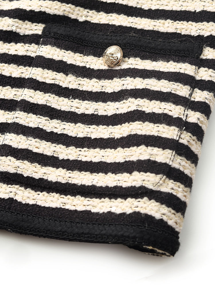 Wool Blend Black And White Stripe Tweed Women Crop Jacket GOELIA