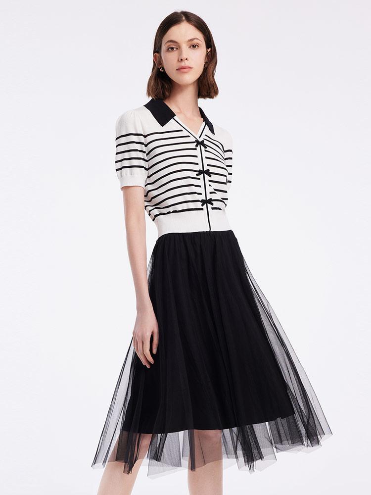 Black And White Striped Top And Mesh Half Skirt Two-piece Set GOELIA