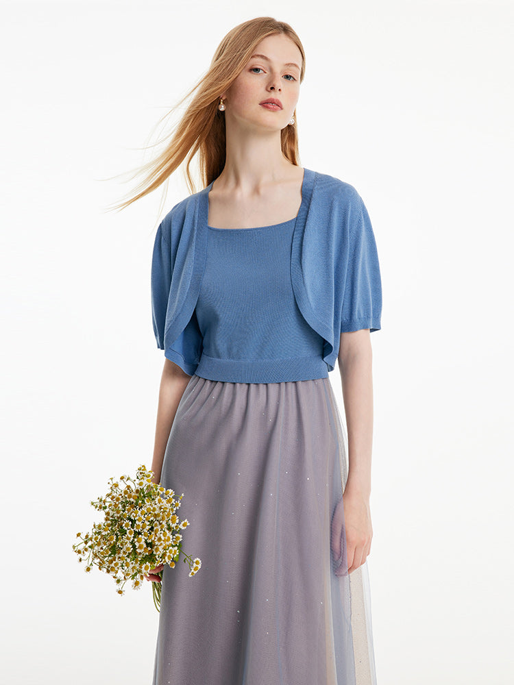 Two-Piece Set Blue Cardigan And Mesh Skirt GOELIA