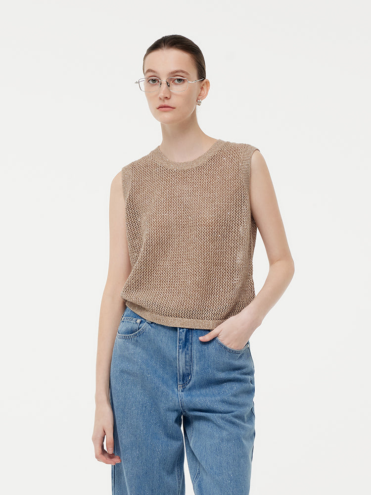 Linen Sequin-Embellished Women Open-Knit Tank Top GOELIA