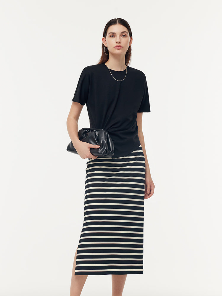 Triacetate Twist Front Knit T-Shirt And Stripe Skirt Two-Piece Set GOELIA