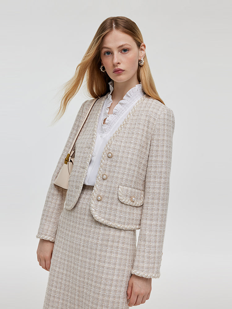 Wool Blend Tweed V-Neck Women Crop Jacket And Skirt Two-Piece Set GOELIA