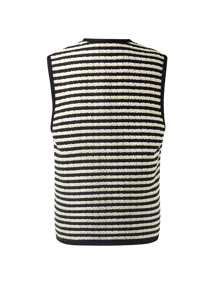 Wool Blend Tweed Black And White Stripe Women Vest GOELIA