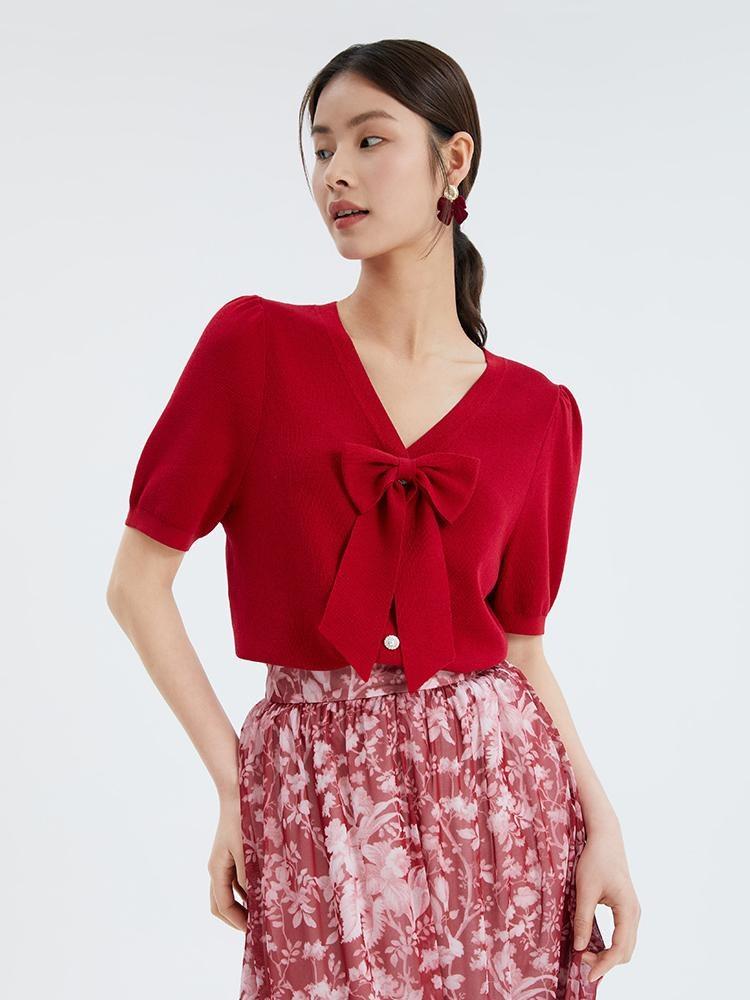 Red V-neck Detachable Bowknot Top GOELIA