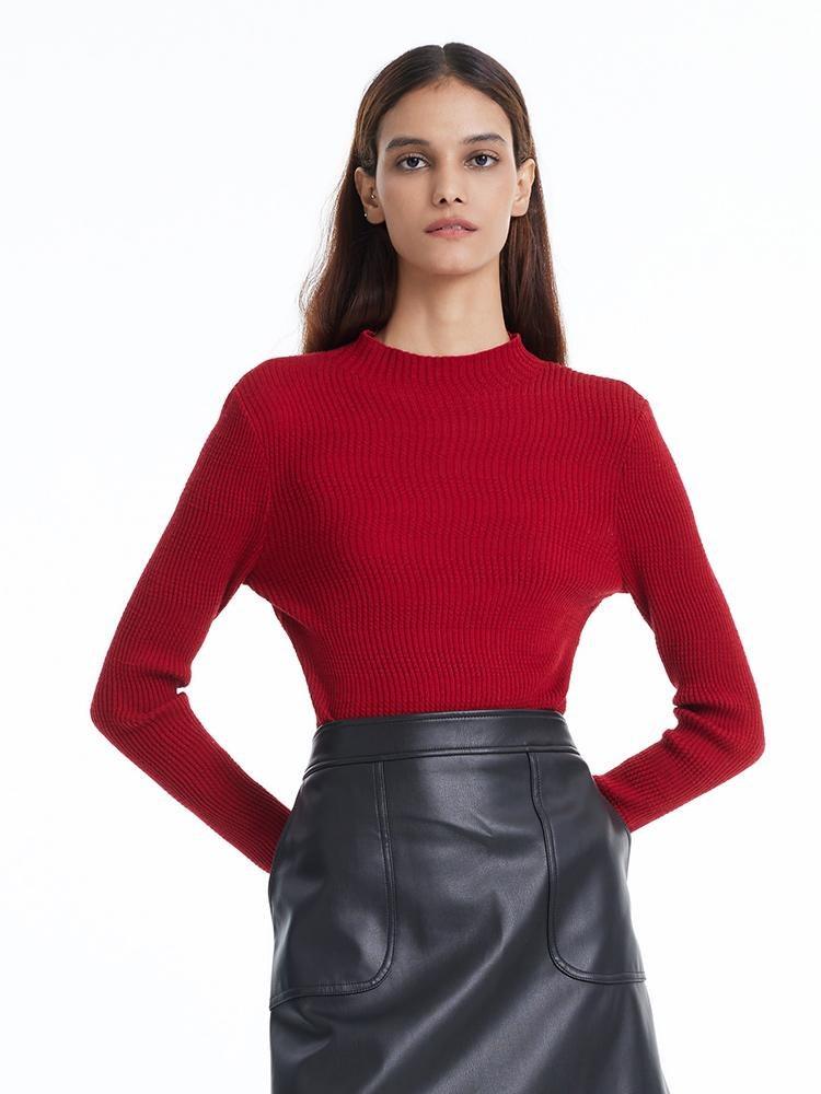 Pure Wool Mock Neck Slim Women Sweater GOELIA