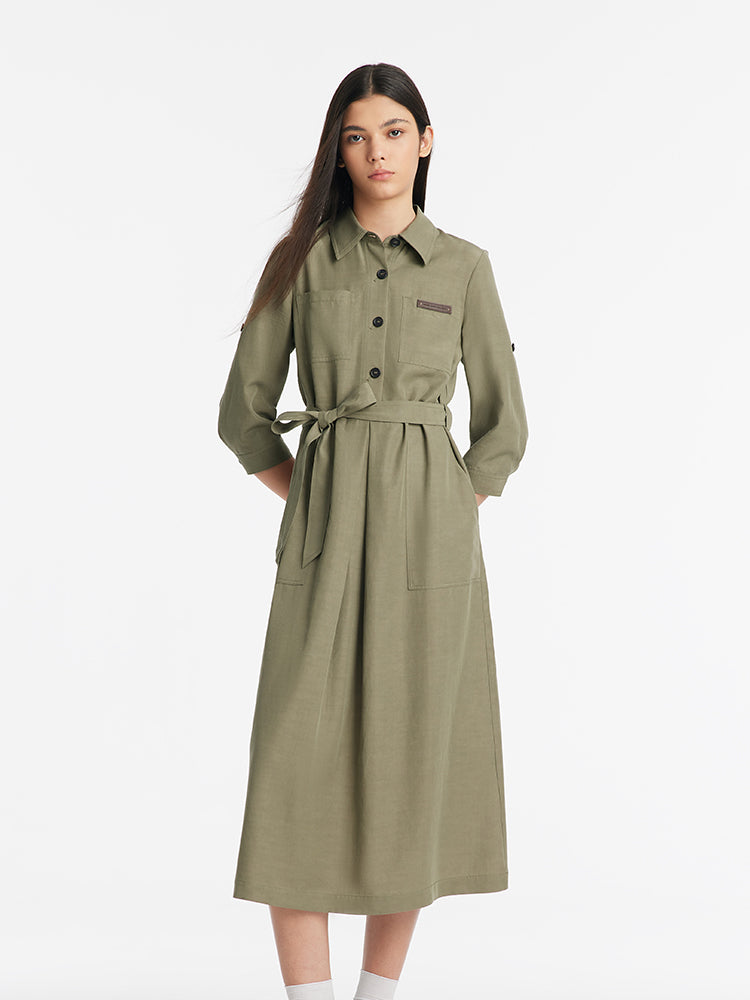 Single-Breasted Lapel Women Midi Dress With Belt And Patch Pockets – GOELIA