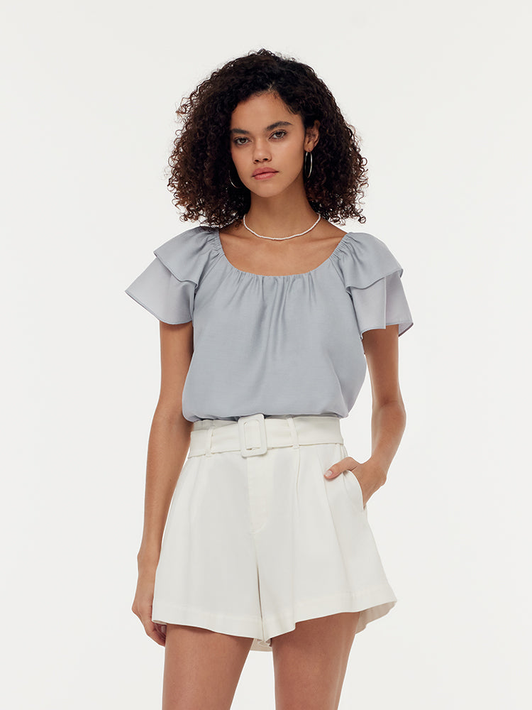 Acetate Ruffle Sleeve Women T-Shirt GOELIA