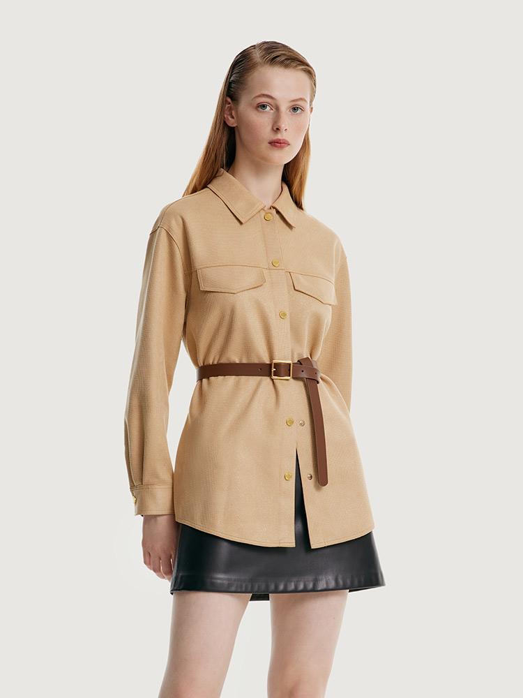 Faux Suede Coat With Leather Belt GOELIA