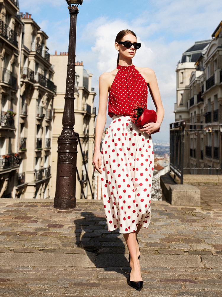 16 Momme Mulberry Silk Polka Dots Printed Women Half Skirt GOELIA