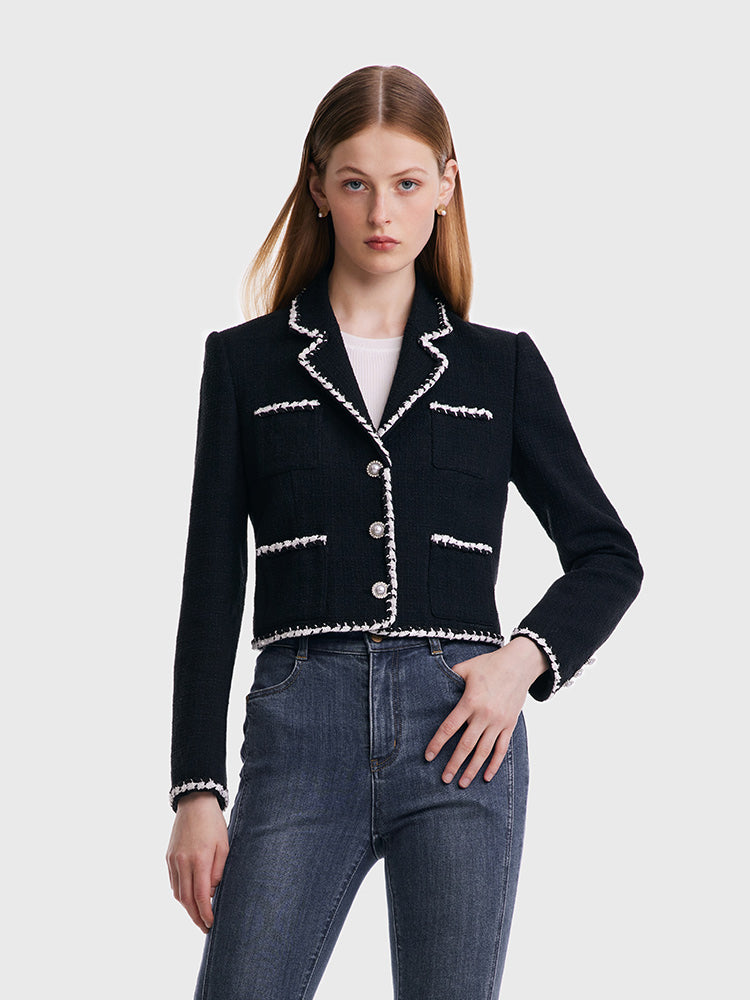 Tweed Contrast Trim Women Crop Jacket GOELIA