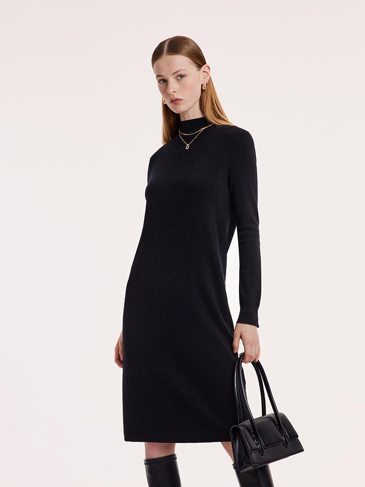 Black Pure Wool Mock Neck Knit Midi Work Dress GOELIA