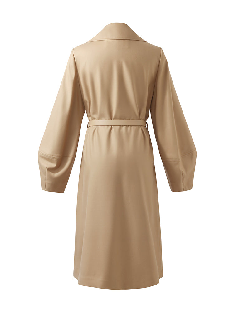 Worsted Wool Lantern Sleeve Women Trench Coat With Leather Belt GOELIA