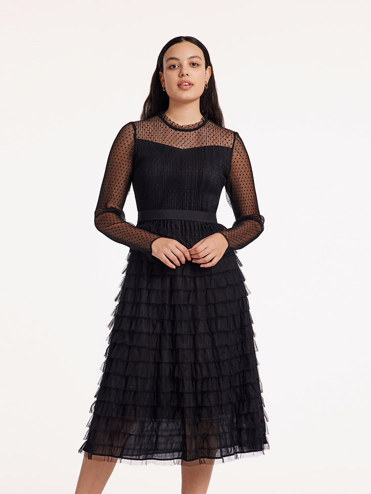 Pleated Tiered Sheer Sleeve Cake Midi Dress GOELIA