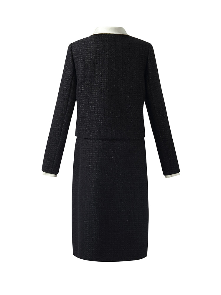 Tweed Crop Jacket And A-Line Skirt Two-Piece Set With Detachable Contrast Collar GOELIA