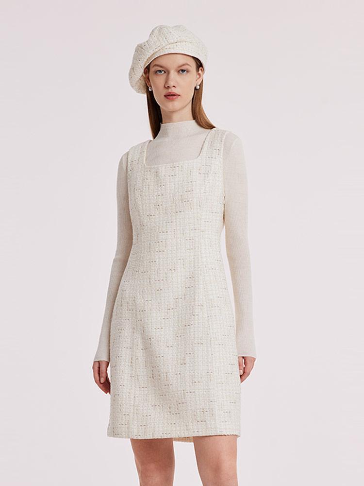 Removable Collar Tweed Waist-cinching Woolen Dress – GOELIA