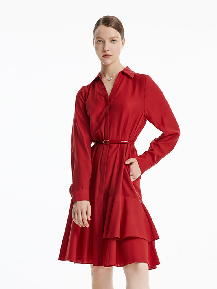 V-neck Aceticacid Midi Dress With Belt GOELIA