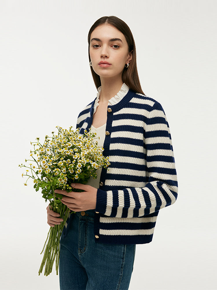 Blue And White Stripe Women Cardigan With Detachable Ruffle Collar GOELIA