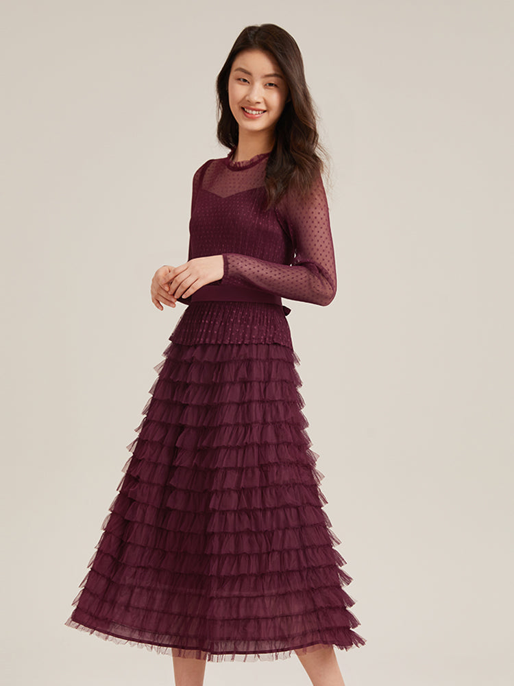 Pleated Tiered Sheer Sleeve Cake Midi Dress GOELIA