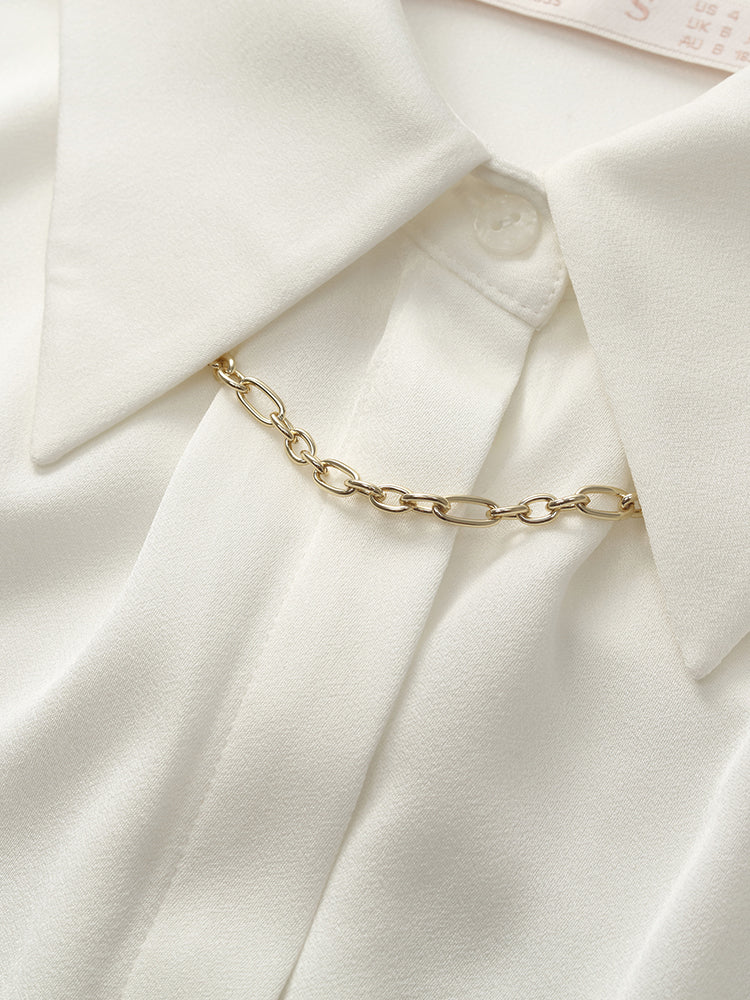 Acetate White Lapel Women Shirt With Detachable Chain GOELIA