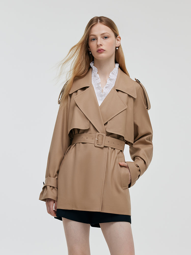 Worsted Wool Women Cropped Trench Coat With Belt GOELIA