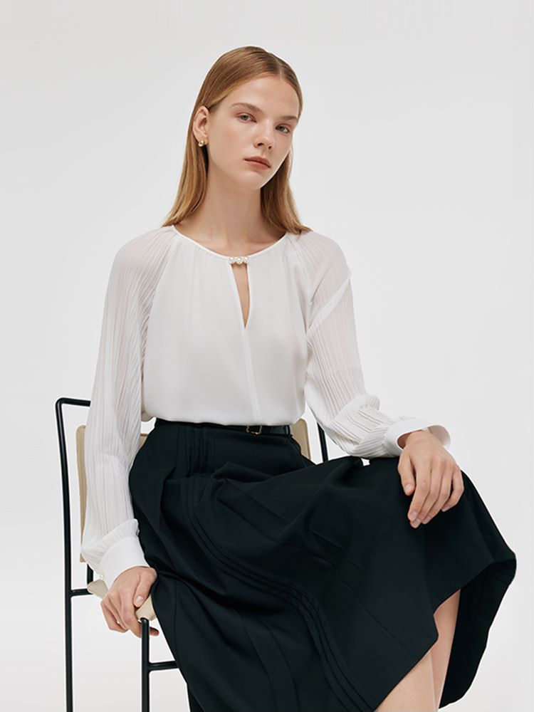 Acetate Pleated Sleeves Cut-Out Neck Women Blouse GOELIA