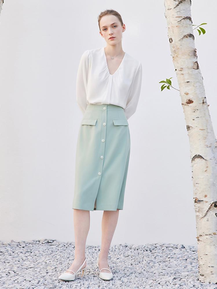 Mint Green Single-Breasted Slit Skirt GOELIA