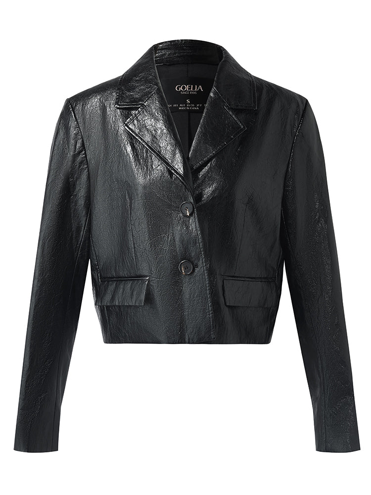 PU Leather Lapel Single-Breasted Women Crop Jacket GOELIA