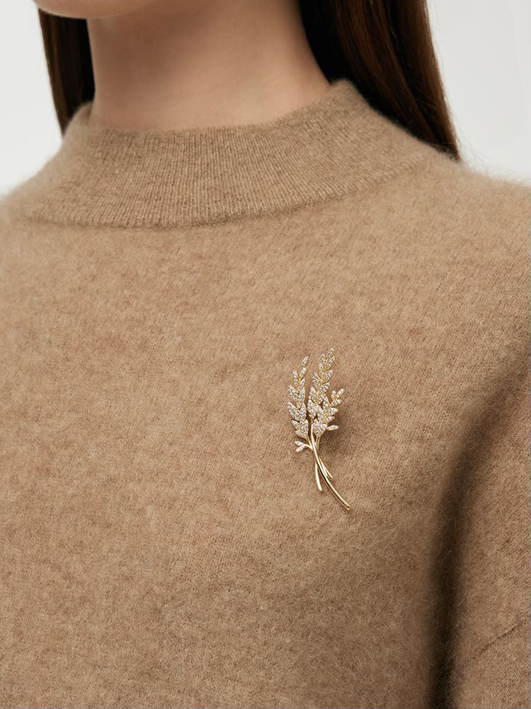 Cashmere Mock Neck Women Sweater With Wheat Ear Brooch GOELIA