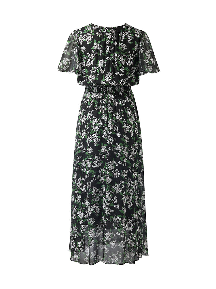 10 Momme Mulberry Silk Floral Printed Bow Tie Neck Women Midi Dress GOELIA