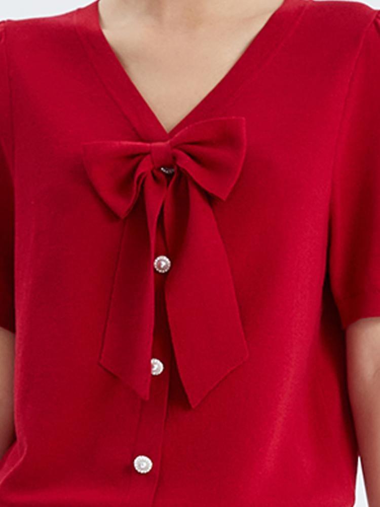 Red V-neck Detachable Bowknot Top GOELIA