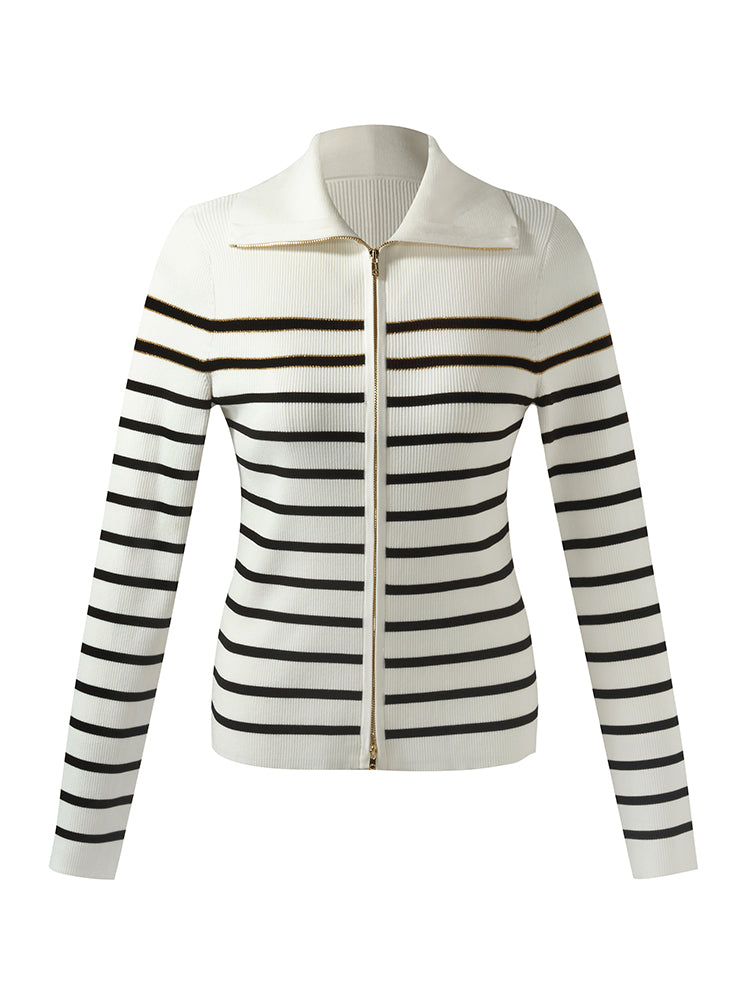 Black And White Stripe Zip-Up Women Cardigan GOELIA