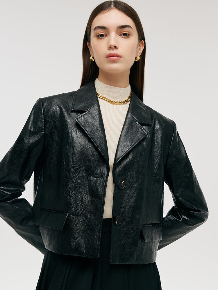 PU Leather Lapel Single-Breasted Women Crop Jacket GOELIA