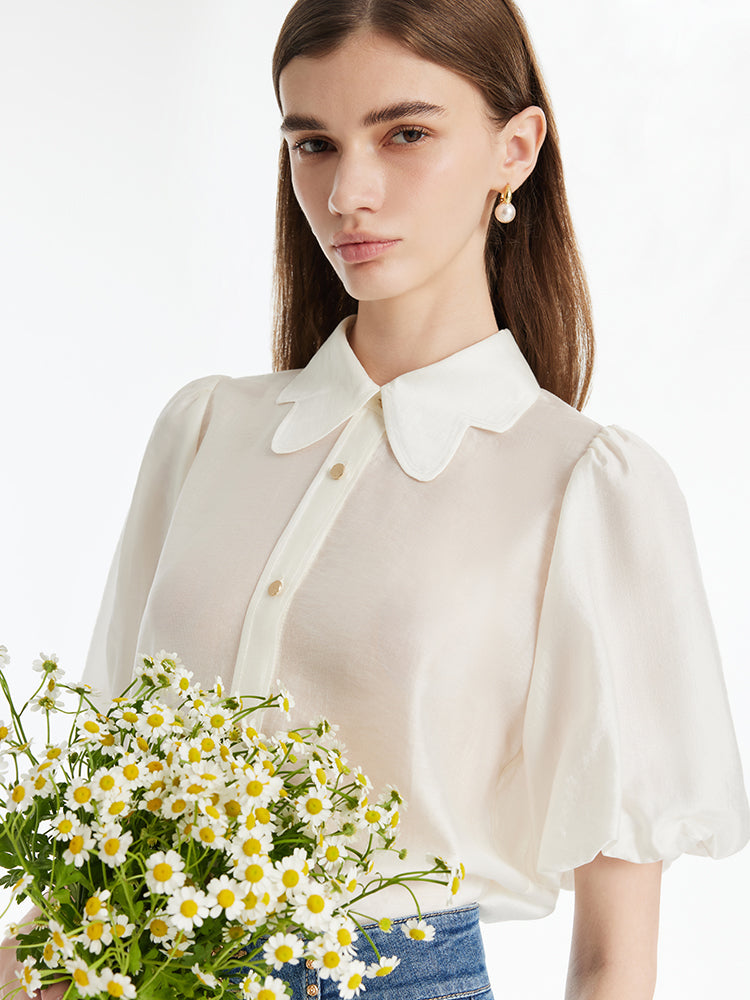 Tencel Puff Sleeves Petal Collared Women Shirt – GOELIA