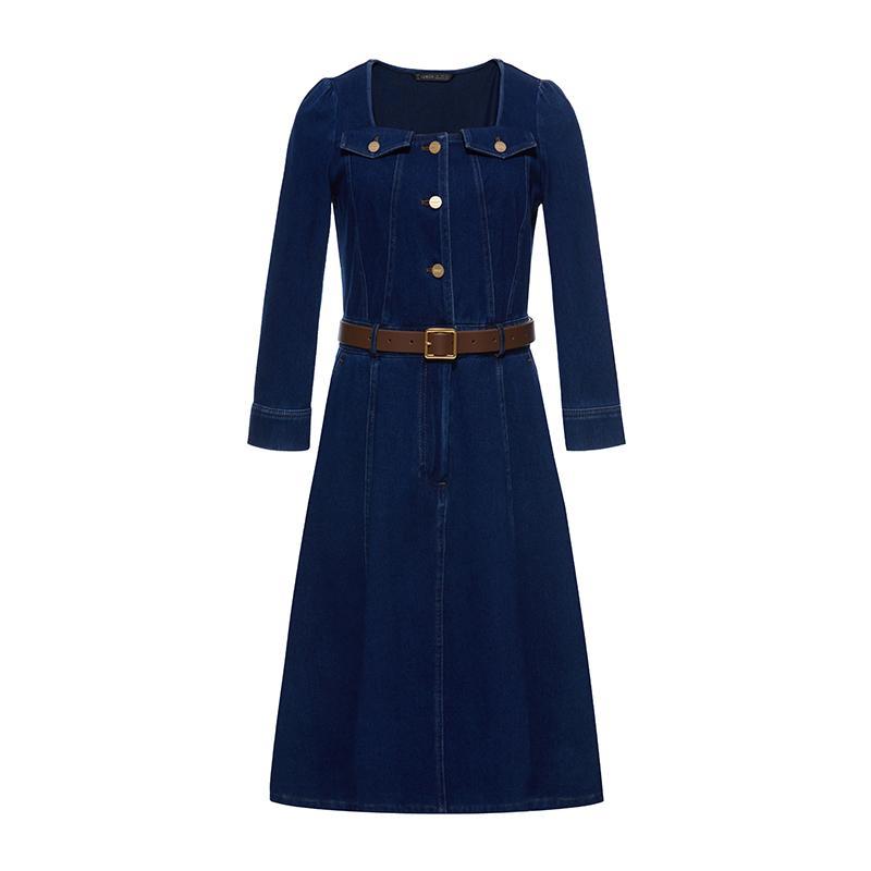 Square-neck Knit Denim Dress With Belt GOELIA