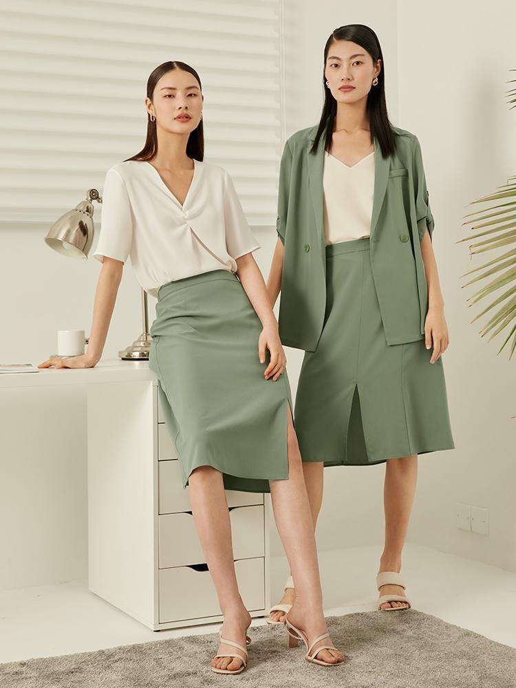 Green Acetate Straight Skirt GOELIA