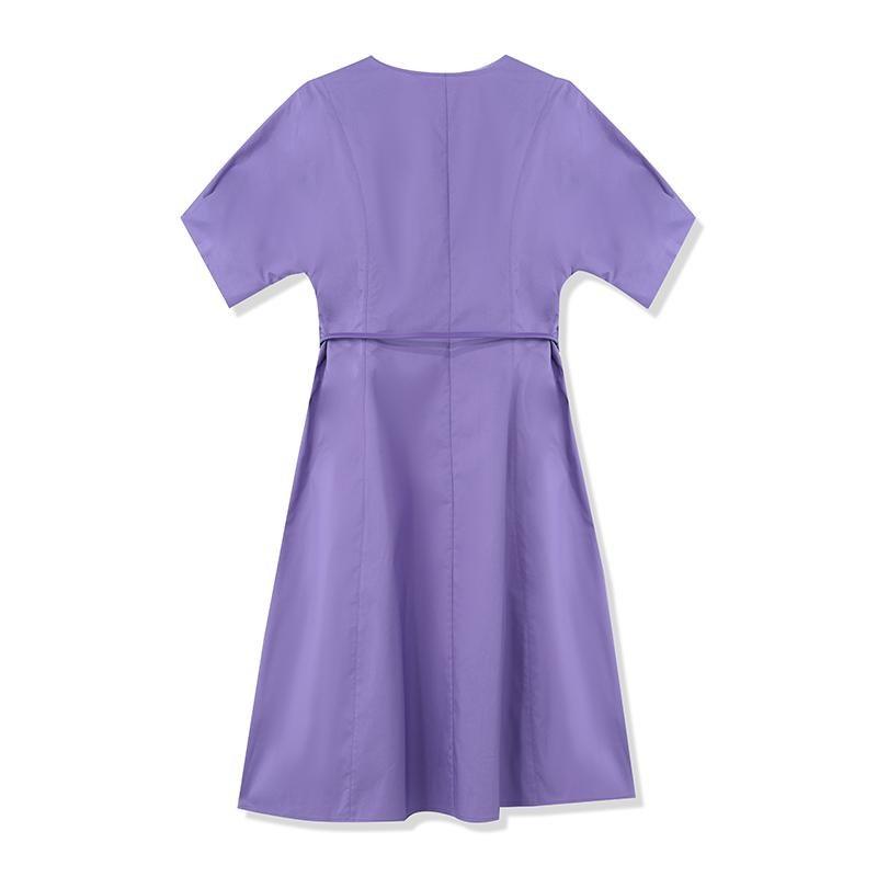 Cotton Short Sleeve V-neck Mini Dress With Belt GOELIA