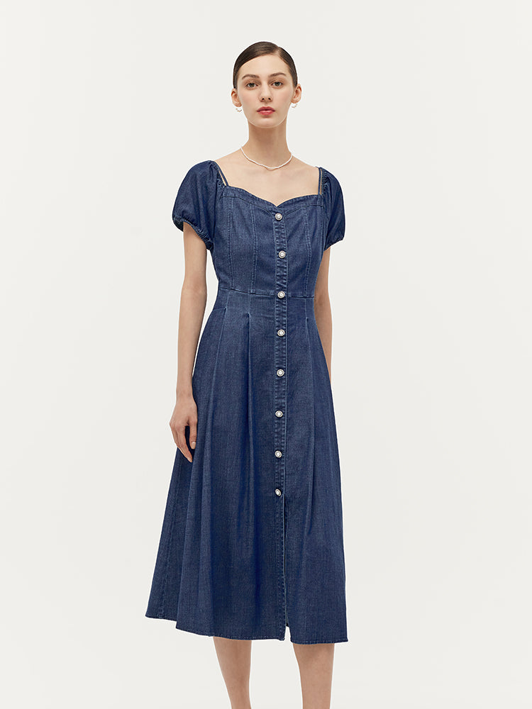 Lyocell Denim Gathered Waist Stretch Women Midi Dress GOELIA