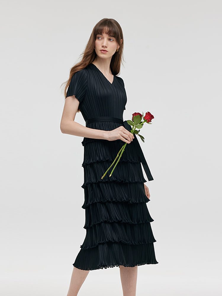 Pleated Women Tiered Midi Dress With Belt GOELIA