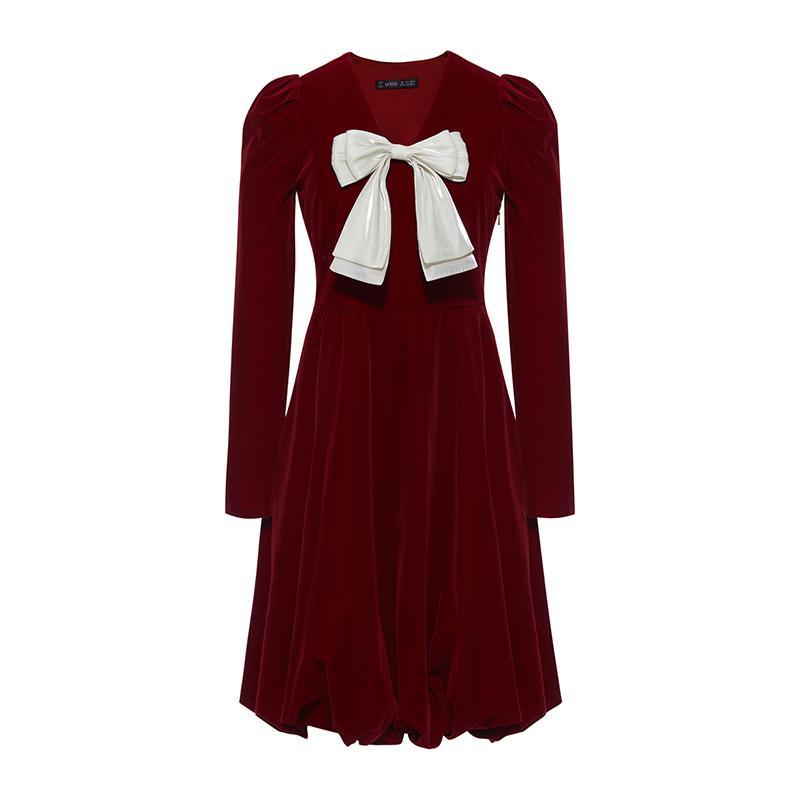 Red Velvet Mini Dress With Detachable Bowknot – GOELIA