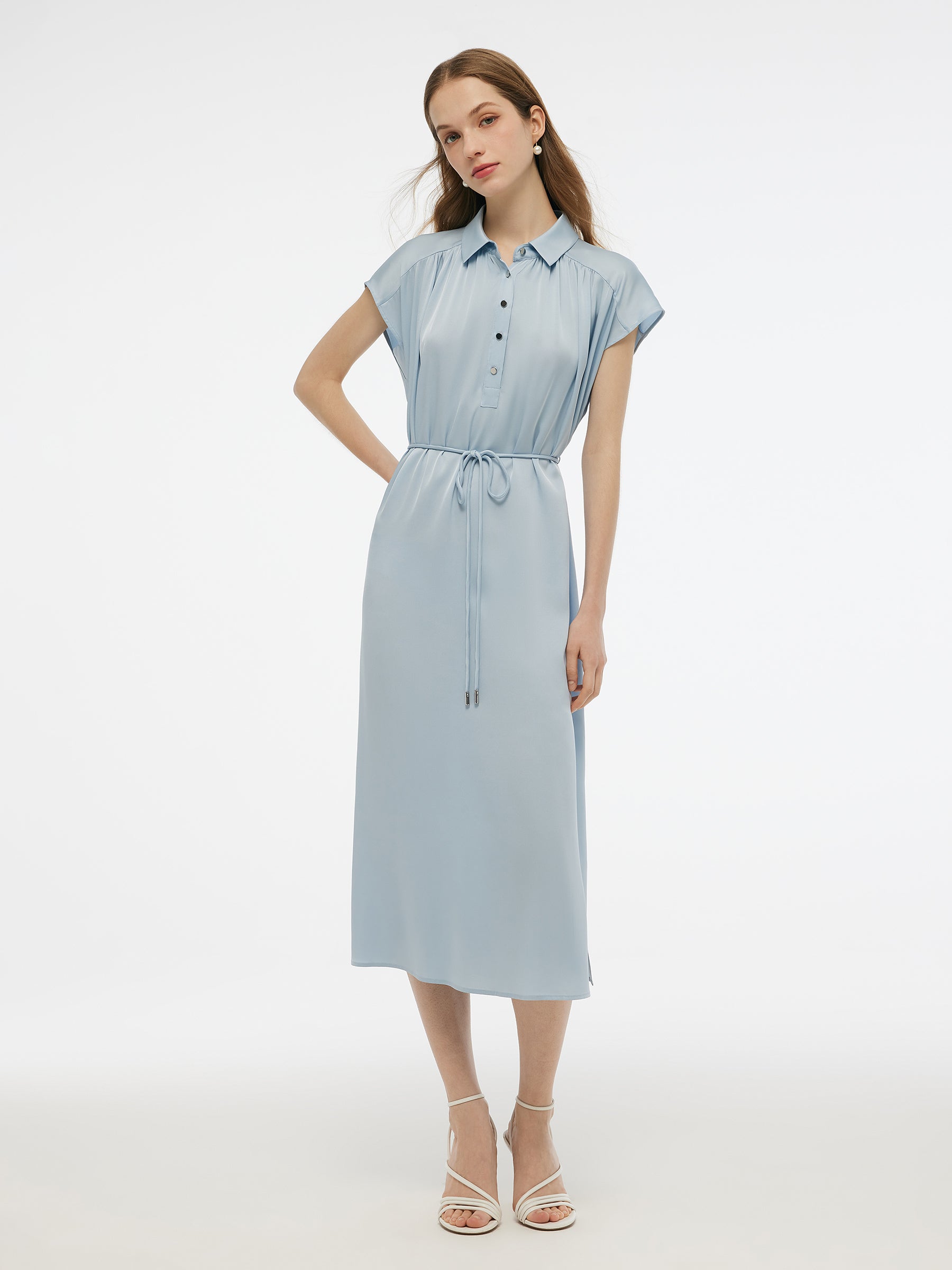 22MM Mulberry Silk Stretch Women Maxi Shirt Dress With Belt GOELIA