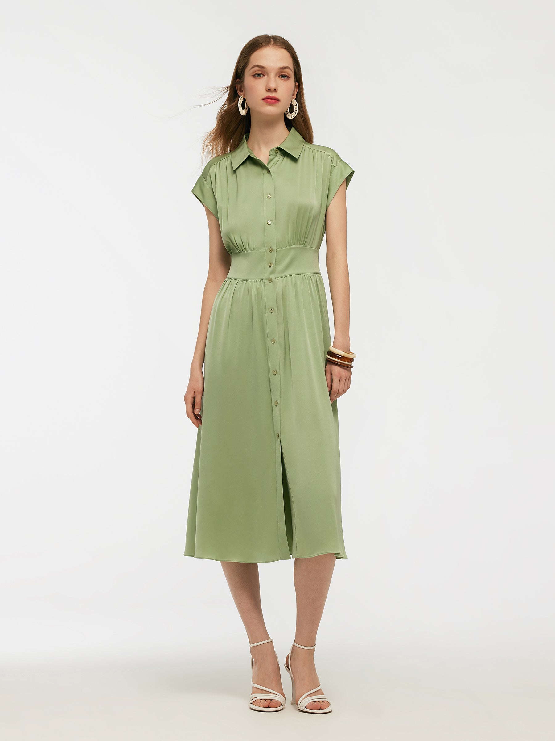 22MM Stretch Silk Women Midi Shirt Dress GOELIA