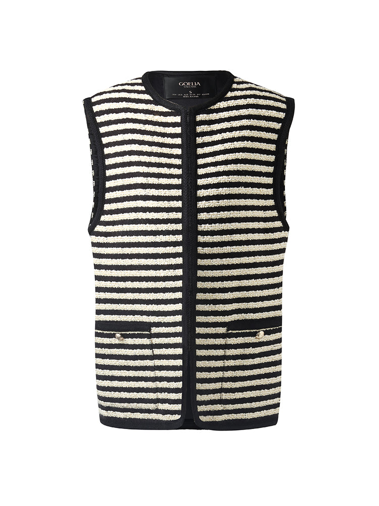 Wool Blend Tweed Black And White Stripe Women Vest GOELIA