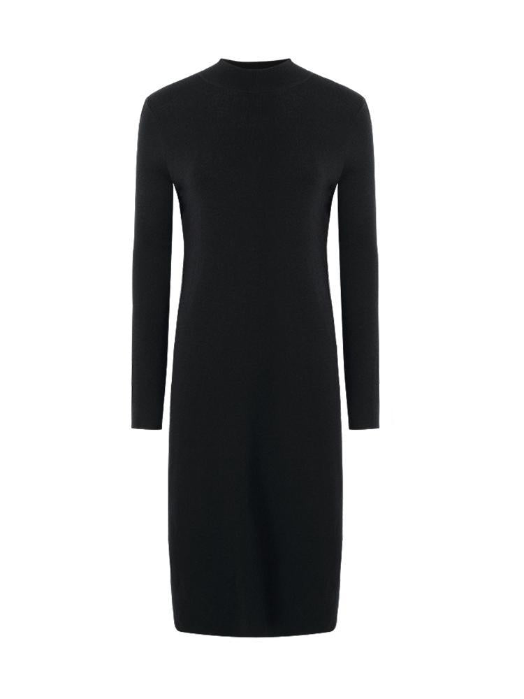 Black Pure Wool Mock Neck Knit Midi Work Dress GOELIA